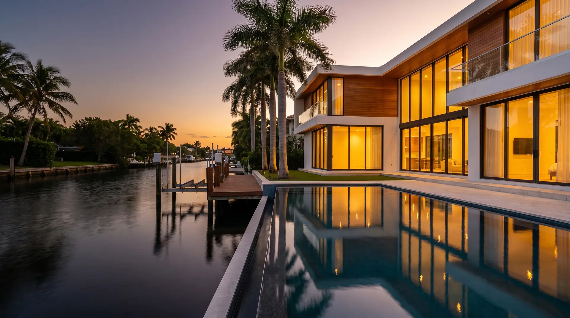 Waterfront home in Miami-Dade at dusk