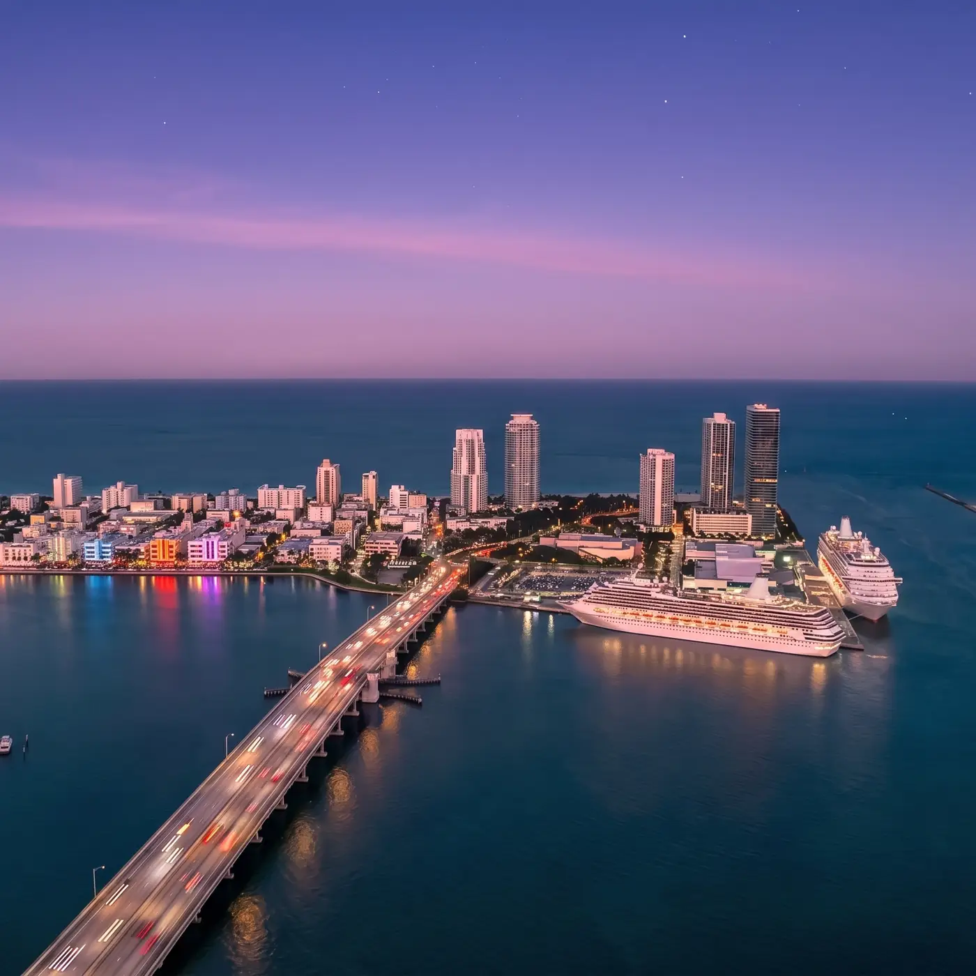 MacArthur Causeway and Miami Beach at dusk